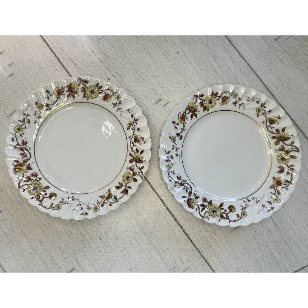2 Antique Haviland Limoges Salad Plates Brown Gold‎ Yellow Floral Scalloped 8in